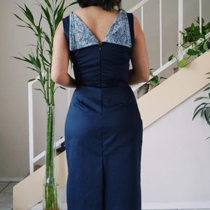 Midi navy blue and floral print dress